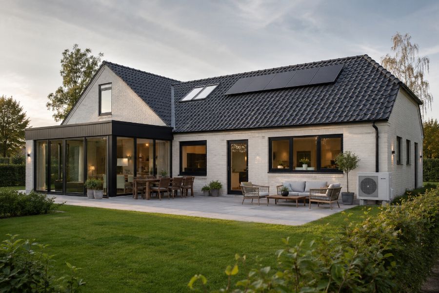 Renoveret villa med ny tilbygning, solceller og varmepumpe
